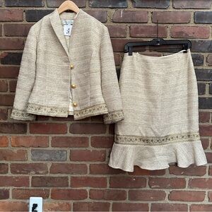 MILLER SHOR Blazer Skirt Suit Cream Gold Metallic Tweed Sz 8